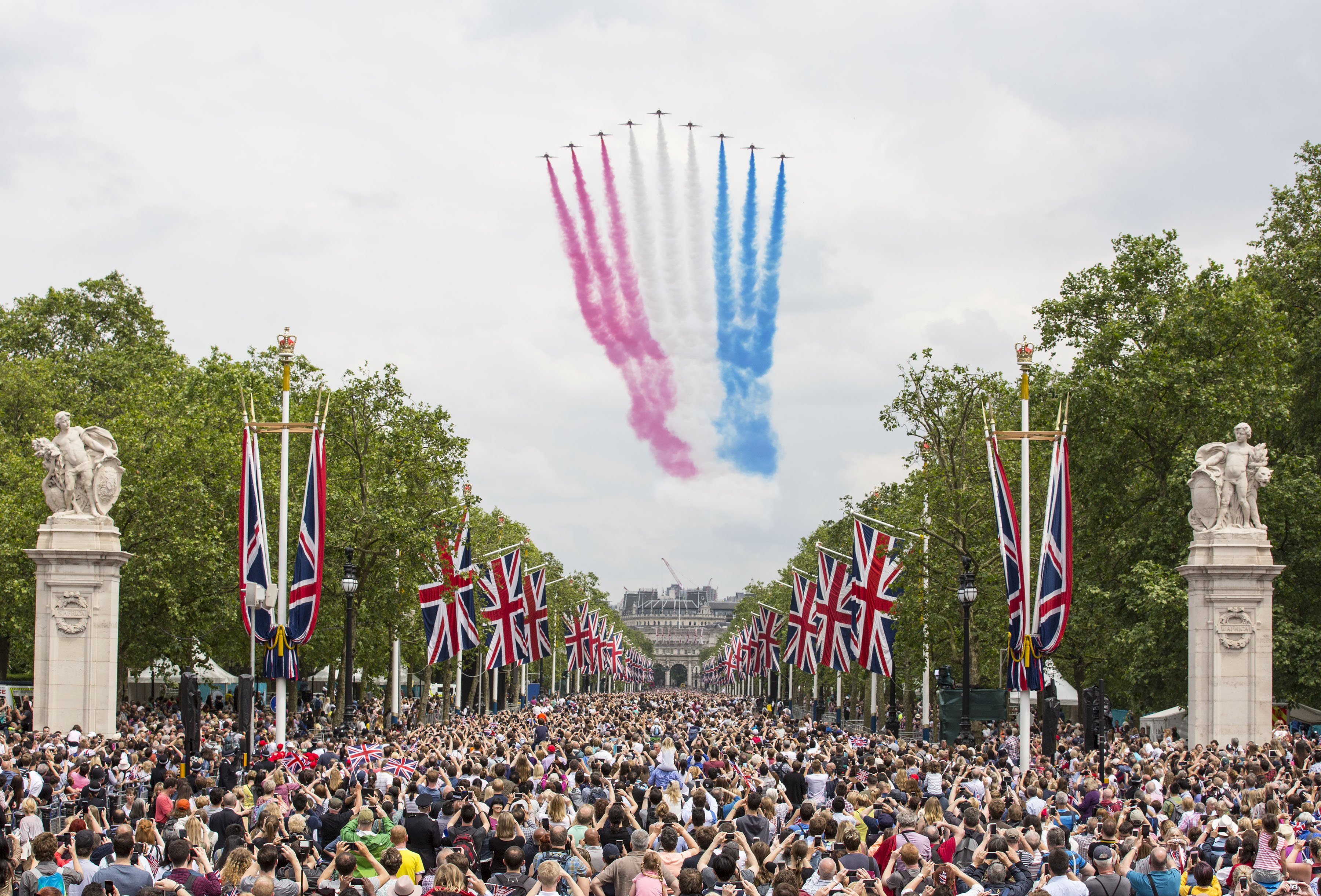 Red Arrows on the Mall, towards Buckingham Palace for the Queen’s Birthday Flypast in June 2018 (Picture: MOD).